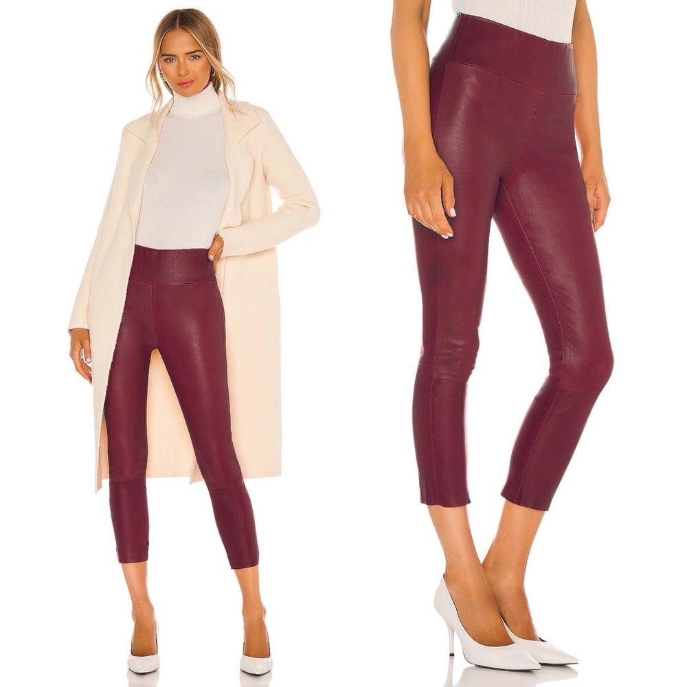 SPRWMN Leather High Waist 3/4 Capri Leggings in Burgundy Red